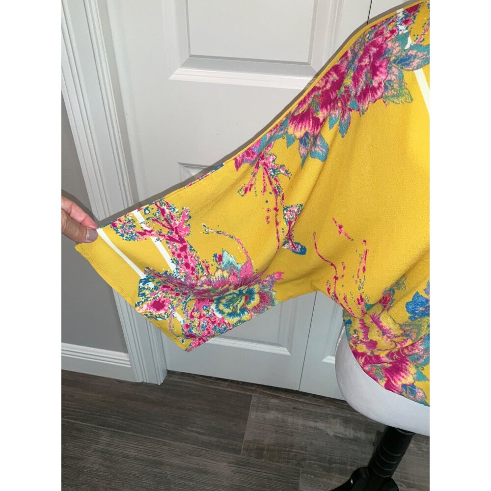 Flying Tomato Floral kimono wrap crop top/Blouse/Shirt MEDIUM Mustard Pink White - Picture 3 of 6